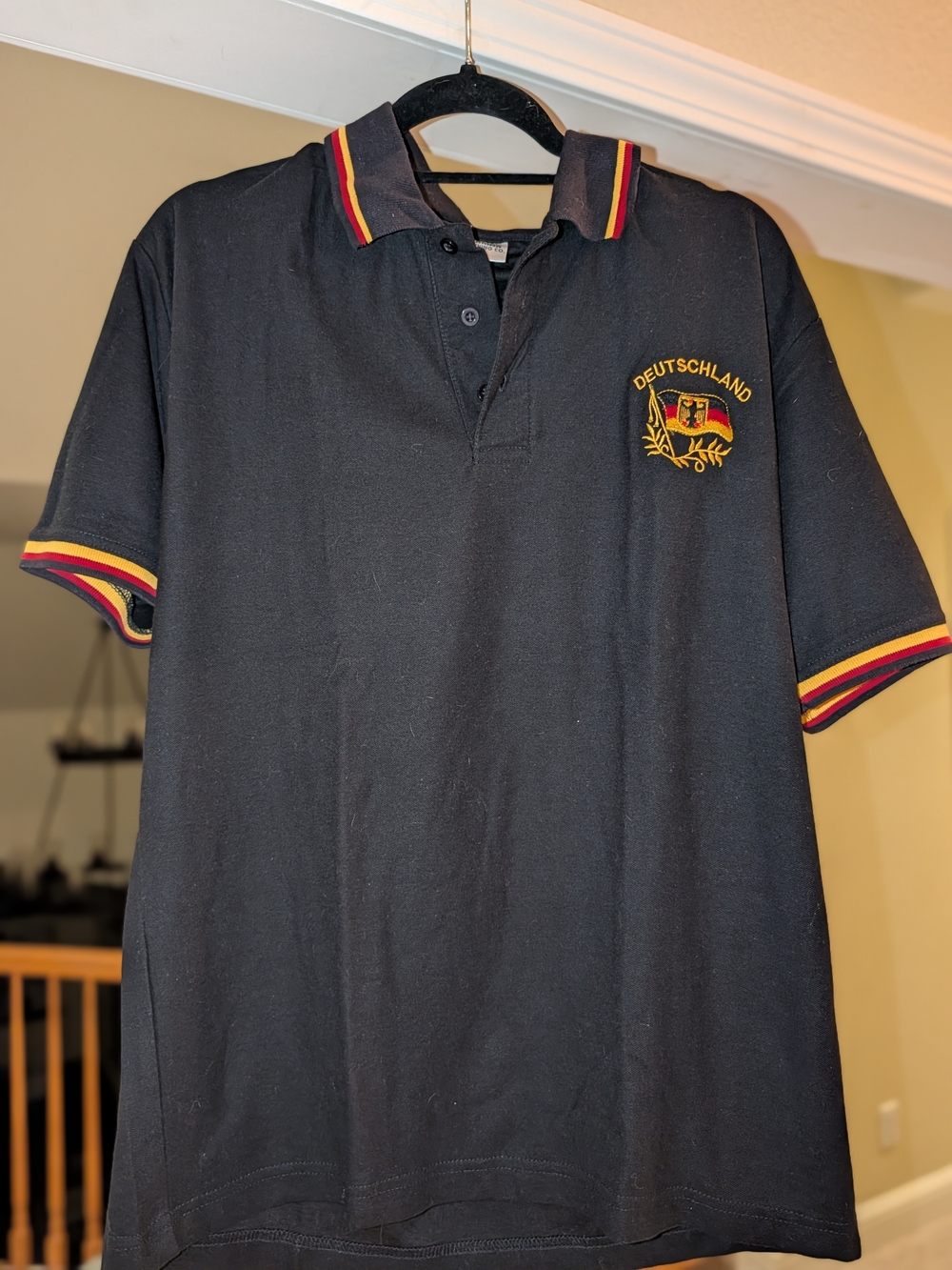 Deutschland Embroidered Polo Shirt - Black with Red & Gold Trim, size M